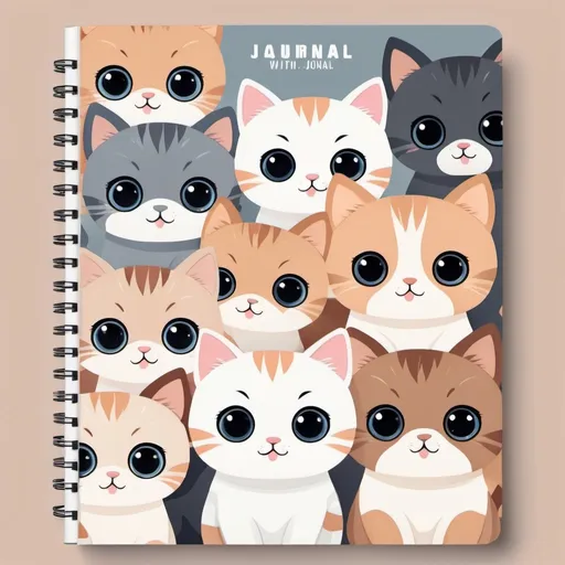 Prompt: A Clipart style journal, with the title "Journal", with the cover featuring adorably cute kittens, kittens have huge cute eyes, and each kitten has a different mood