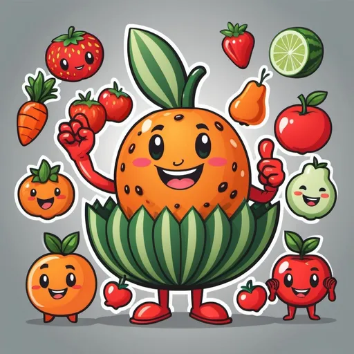 Prompt: A clipart style fruit mascot, 5 fingers on each hand, eating vegetables,cute, happy, surrounded by fruits and vegetables
