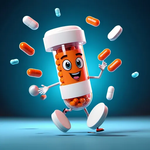 Prompt: A cartoonish pill Mascot, medication, pills dancing around it