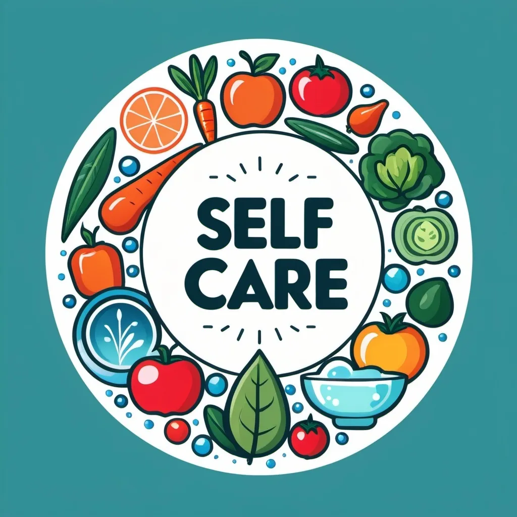 Prompt: A clipart style logo with the words "Self Care", with cartoon fruit and vegetables, water, cartoon pills