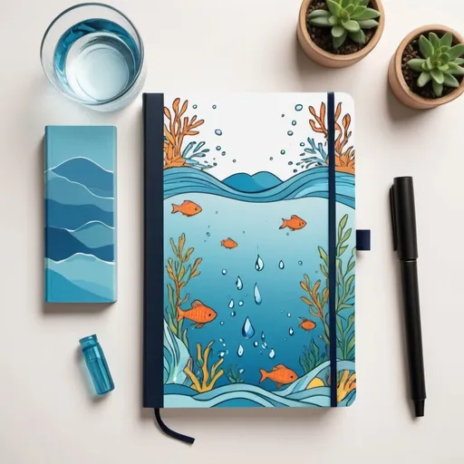 Prompt: A Clipart style journal, with water themed art on the front