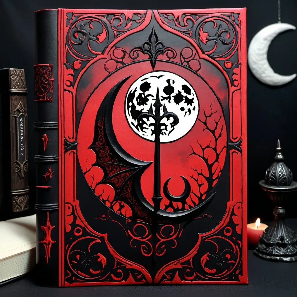 Prompt: A Journal, featuring gothic art, in black and red color scheme, with a moon, with the word "Journal" embossed on the cover
