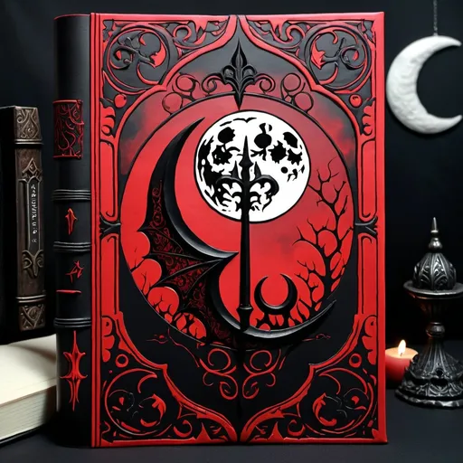 Prompt: A Journal, featuring gothic art, in black and red color scheme, with a moon, with the word "Journal" embossed on the cover
