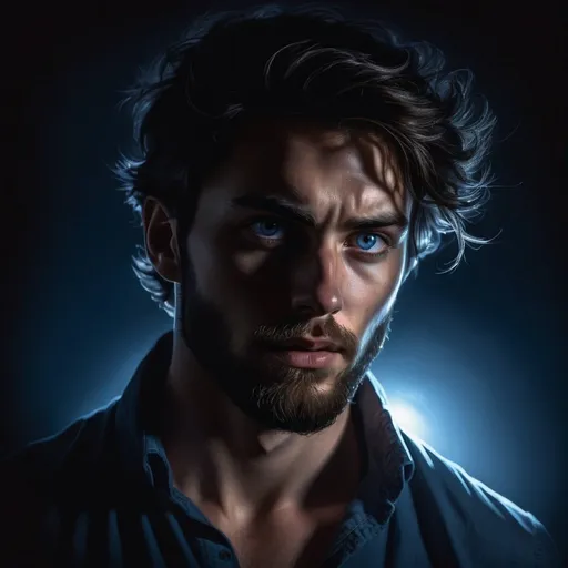 Prompt: Realistic illustration of a dark-haired young bearded man stepping from the shadows, his features illuminated by moonlight. His realistic dark blue eye is locked onto the viewer, framed by his tousled hair. pushing a hand through his hair. dramatic lighting, capturing the tension and intensity.