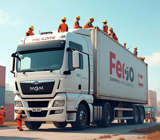 Prompt: Here’s a prompt you can use to generate an image:

"An enormous truck with the company name 'Fegio Shipping and Logistics' prominently displayed on the side. Tiny construction workers are scattered around the truck, helping to move large containers or assisting in pushing the truck forward. The workers are wearing hard hats and bright safety vests. Some are perched on top of the truck, while others are pushing against large containers or using small machinery. The scene captures a surreal blend of scale, with the truck towering over the tiny workers. The setting is a construction yard or large shipping dock, with containers, equipment, and machinery scattered around."

You can adjust the details if you'd like any changes!