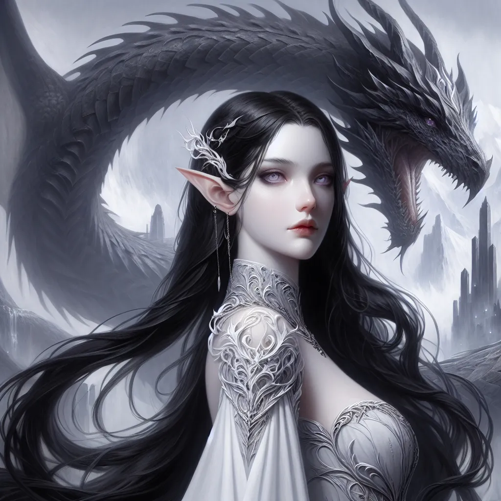 Prompt: The style is digital painting art.  It is highly detailed with a full background with a shadowed black and white dragon serpent. A female with completely white skin and jet black dark hair. Her hair is shadowy and defies gravity and is shoulder length, short. The clothes are fancy and nobel medieval. Her eyes are lavendar. She has an athletic body type. She is elven. Her skin is paper white. Her skin is paper white.