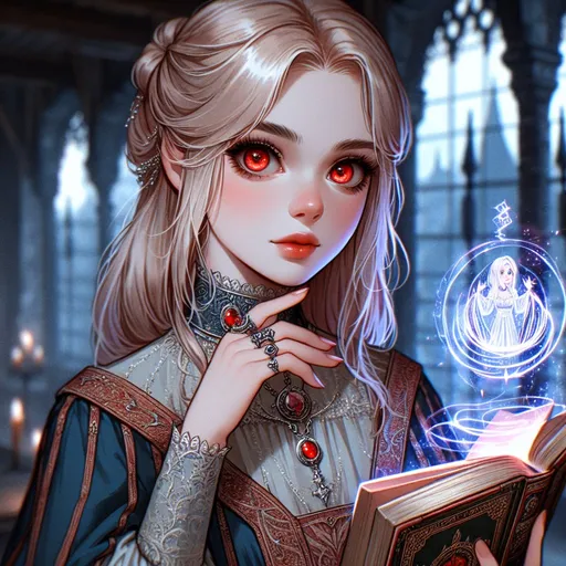 Prompt: 15 year old with medium length blonde hair and vibrant red eyes. Her skin is pale. She wears a medieval nobel dress. She has a silver ring on her finger. She has a floating book that is writing within itself next to her. Dnd drawing style. The back ground is a vampires manor