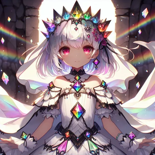 Prompt: A anime genshin impact styled girl eight-year-old girl is wearing a white and rainbow gemmed royal outfit. In the center of her chest is a black four-pointed star with a rainbow gem. The trim of her clothes is black. She has highlights of color in her hair. Her hair is multicolored but is mainly white. She radiates rainbow light. She has a white cloak around her. 
She is in an underground cavern, bringing light to her people