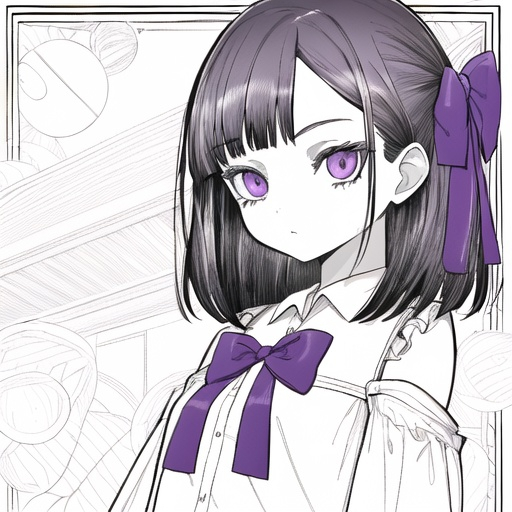 Prompt: Young eleven year old girl with purple eyes and shoulder length dark hair. She wears a white shirt with a purple bow. 