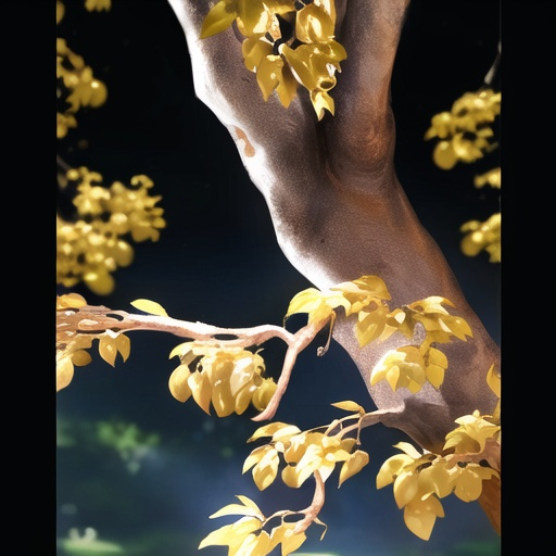 Prompt: Tree with golden lines in the bark. Gold coins are growing in abundance on the tree limbs.