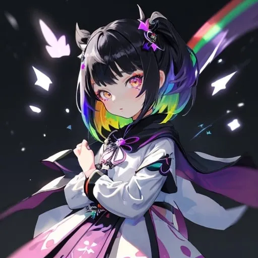 Prompt: A genshin impact styled girl eight-year-old girl is wearing a white and rainbow gemmed outfit. In the center of her chest is a black four-pointed star with a rainbow gem. She has a white highlight in her hair. Her hair is black. She radiates rainbow light. She brightens the darkness that is all around her. She has a black cloak around her.