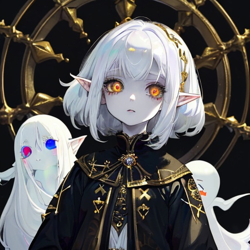 Prompt: Little ghost half-elf girl that is nine years old. She wears embroidered gold, white, and black clothes and has white hair. Her eyes are black and her skin is ghostly pale. Shiny gold coins are all around her.