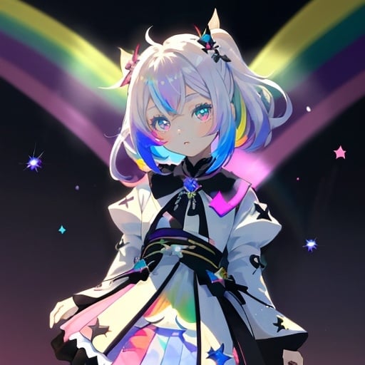 Prompt: A genshin impact styled girl eight-year-old girl is wearing a white and rainbow gemmed outfit. In the center of her chest is a black four-pointed star with a rainbow gem. She has a white highlight in her hair. She radiates rainbow light. She brightens the darkness that is all around her.