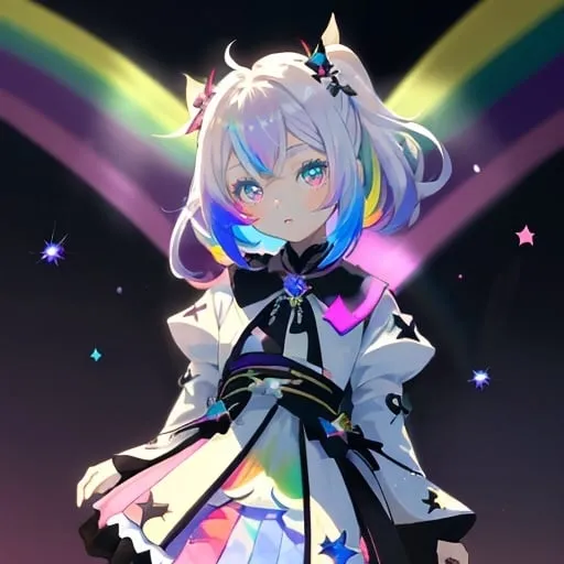 Prompt: A genshin impact styled girl eight-year-old girl is wearing a white and rainbow gemmed outfit. In the center of her chest is a black four-pointed star with a rainbow gem. She has a white highlight in her hair. She radiates rainbow light. She brightens the darkness that is all around her.