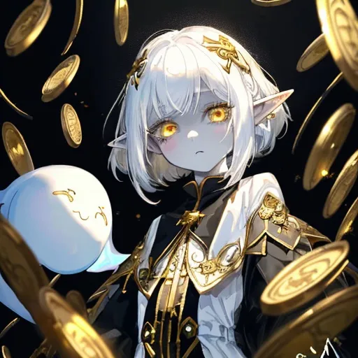 Prompt: Little ghost half-elf girl that is nine years old. She wears embroidered gold, white, and black clothes and has white hair. Her eyes are black and her skin is ghostly pale. Shiny gold coins are all around her.