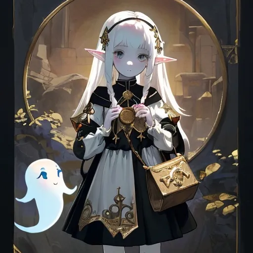 Prompt: Little ghost half elf girl. nine-year-old. solid black eyes. white shoulder-length hair. pale skin. medieval gold embroidered clothes. She is holding a bag of coins.