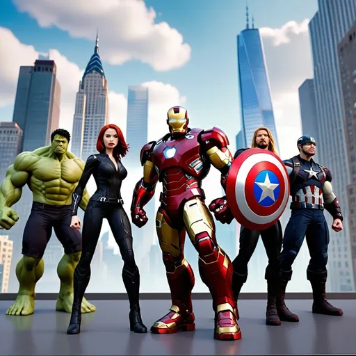 Prompt: 3d animation,disney style,cartoon.The Avengers - Iron Man, Captain America, Thor, Hulk, Black Widow, and Hawkeye - standing together in New York City, ready for action, skyscrapers in the background, vibrant colors