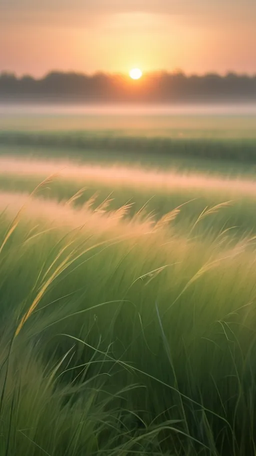 Prompt: Create an image in 9:16 potrait format of Soft sunrise over a peaceful field, gentle wind moving the grass.