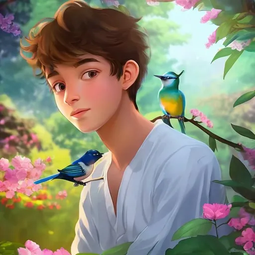 Prompt: A young boy of age 19+ , he is in a beautiful adventures place, siting beneath the trees with beautiful flowers,a beautiful bird is also sit behind her as his friends