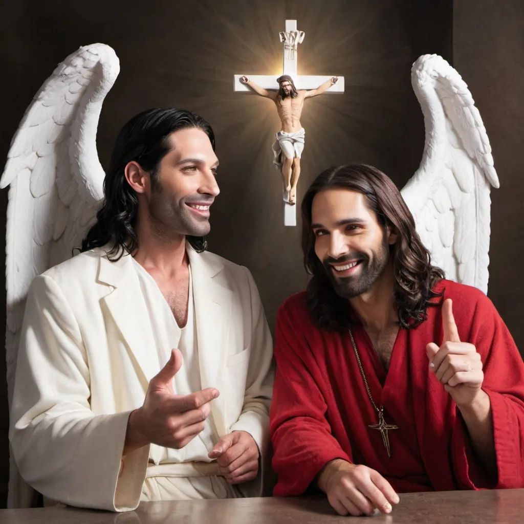 Prompt: Lucifer and Jesus hanging out and having fun