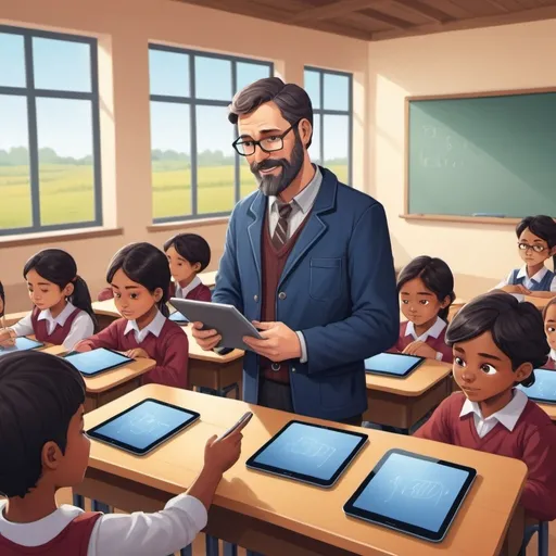 Prompt: 2D illustration of a teacher in a class of elementary school in a rural location using tablets with his students. 