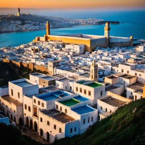 Prompt: The image captures the vibrant beauty of Tangier, a city where the Mediterranean Sea meets the Atlantic Ocean. In the foreground, the old medina’s whitewashed buildings are spread along the hillside, with narrow streets bustling with life. The Kasbah's towering walls and the Grand Mosque are visible, highlighting the city's rich history. The port in the distance shows a mix of modern and traditional boats anchored along the coast. Above, the sky is a deep blue, blending with the horizon, while the city reflects a mix of Moroccan culture and European influence, framed by the stunning seaside backdrop.