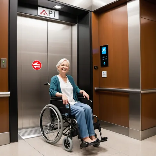 Prompt: A smiling lady seated on wheelchair in front of an elevator, the wheelchair can talk to elevator via API and lift indicator shows down arrow on top of the elevator.