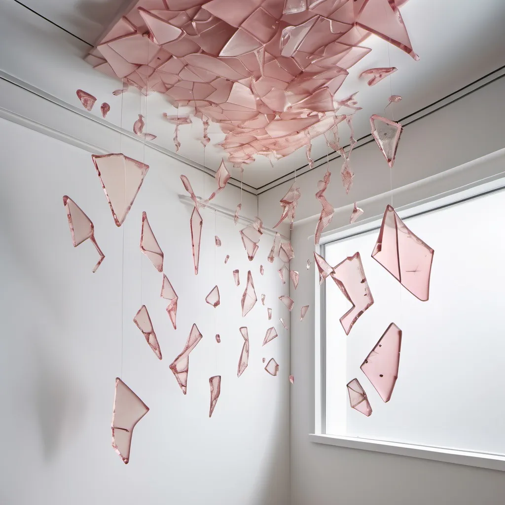 Prompt: shattered, separate pieces, sculpture made of isomalt, fragility, light pink skin tone, transparent, pieces of fragments of body parts, sharp pieces, abstract finish, shattered isomalt body sculpture, hang each fragments from the ceiling