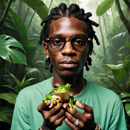 Prompt: photorealistic portrait of young thug holding a frog in a tropical jungle