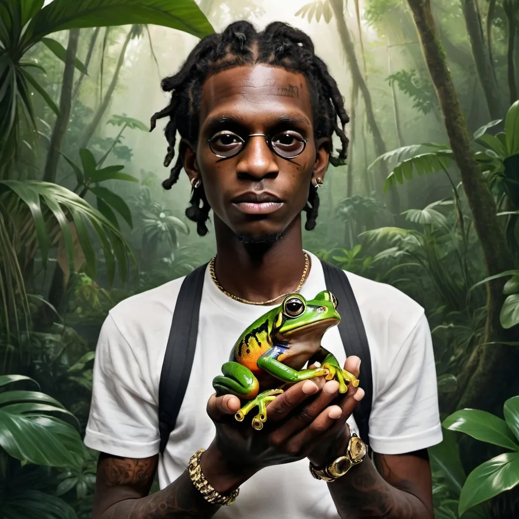 Prompt: photorealistic portrait of young thug holding a frog in a tropical jungle