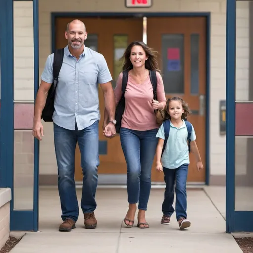 Prompt: Real image of family entering a school