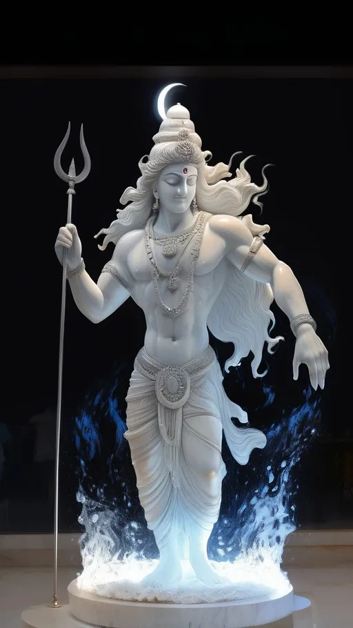 Prompt: (statue of a man with a staff and a moon on his head), (Bholekar Srihari), exquisite marble sculpture, (divine beauty), intricate detailing, serene expression, (ethereal lighting), deep shadows highlighting features, (calm ambiance), finely chiseled textures, majestic pose, celestial theme background, moonlight reflecting softly, 4K ultra-detailed masterpiece.