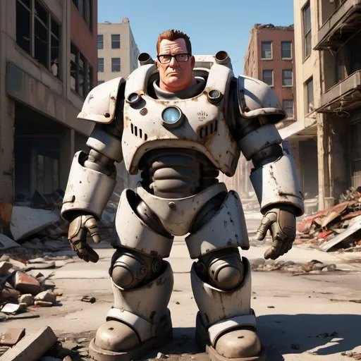 Prompt: Hank Hill in Power Armor in a ruined city, metal and concrete textures, debris-littered streets, high-quality, realistic, post-apocalyptic, warm tones, intense sunlight casting long shadows, detailed propane accessories, rugged and weathered armor, epic scale, professional rendering