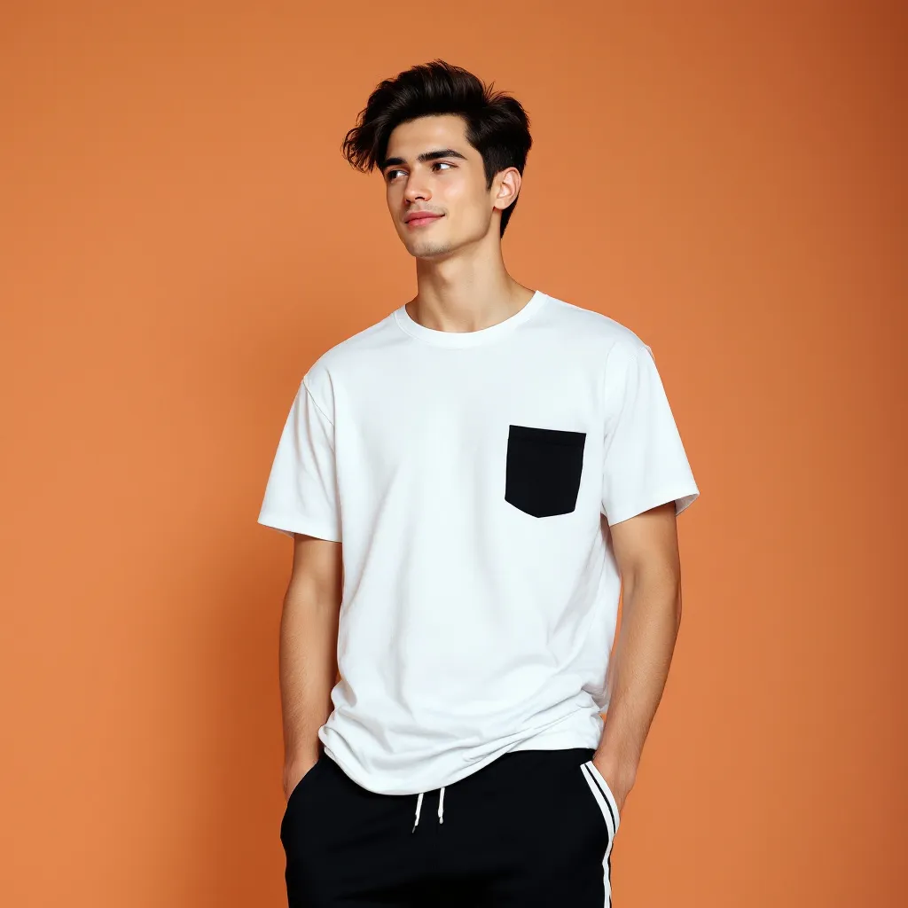 Prompt: Standing against a warm, peach-colored backdrop, a young man exudes a sense of relaxed confidence while casually dressed in a plain white t-shirt with a black pocket, paired with black athletic shorts that feature a stylish white stripe. His dark hair is styled in a voluminous, slightly tousled manner, reflecting a modern and youthful aesthetic. With a subtle smile and thoughtful gaze directed off-camera, he conveys a blend of introspection and approachability. The soft, even lighting enhances the simplicity of the scene, drawing attention to his expression and the minimalistic yet fashionable outfit, which together create a contemporary portrait that feels both inviting and dynamic.