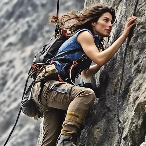 Prompt: Realistic woman climbing a mountain wall, wearing climbing shoes and climbing harness, her long brown hair is in high ponytail swinging halfway over shoulder <mymodel>