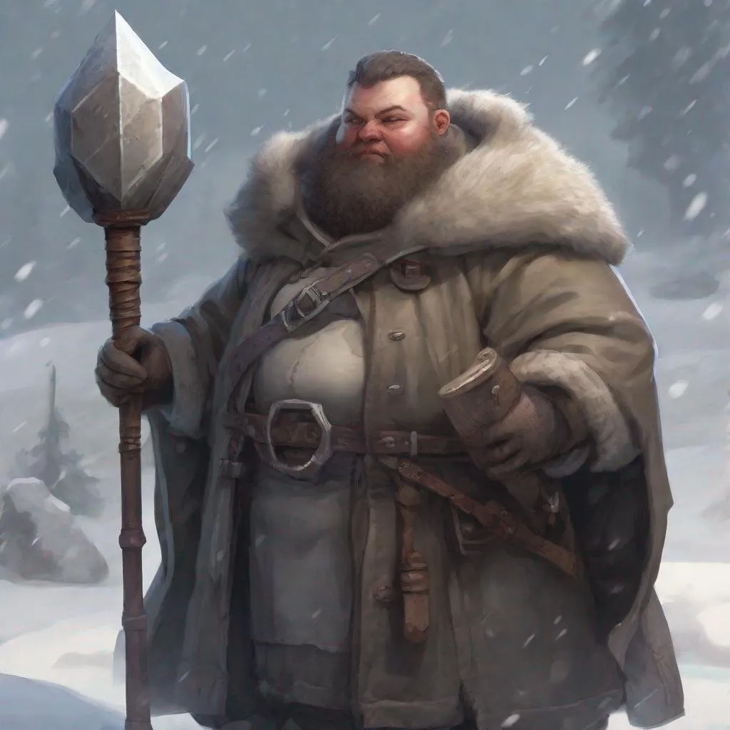 Prompt: Dnd Overweight human cleric in winter clothes with flanged battle mace