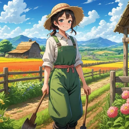 Prompt: Anime farmer, vibrant colors, detailed scenery, sunny countryside, warm and cheerful atmosphere, lush green fields, blooming flowers, rustic wooden fences, blue sky with fluffy clouds, traditional farming tools, intricately designed rural outfits, High detail on character features and expressions, ultradetailed, 4K resolution, anime style.