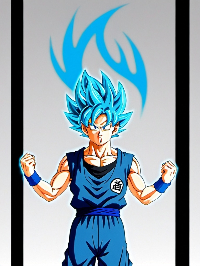 Prompt: Goku going super saiyan blue, hair lifting and flowing, energy is flowing like a growing blue flame. Wearing his yardrat outfit 