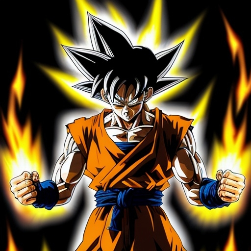 Prompt: Goku super saiyan god, standing, fists clenched, fire aura flowing around him. Manga style, black line art. 