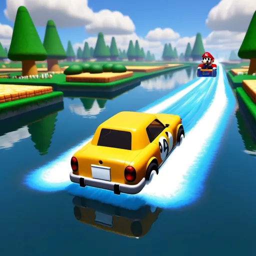 Prompt: Super mario 64 style car driving on water