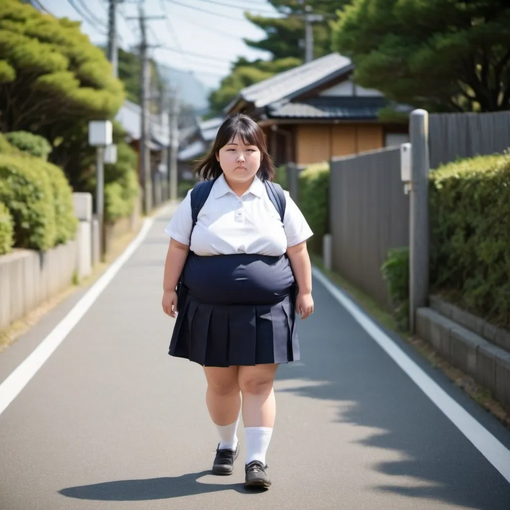 Prompt: Fat young japanese girl, on the way to school, no items of clothing on