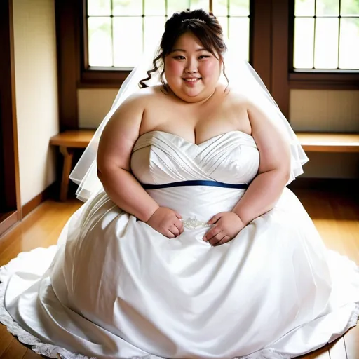 Prompt: An extremely obese cute japanese girl, belly visible, extremely large belly, 800lb, happy, ripped clothes, the bride at her wedding, tiny wedding dress