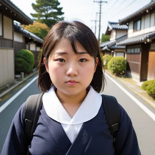 Prompt: Fat young japanese girl, on the way to school, no items of clothing on