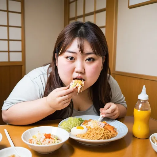 Prompt: Fat young japanese girl, eating lots of food