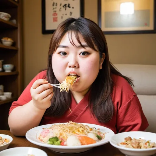 Prompt: Fat young japanese girl, eating lots of food