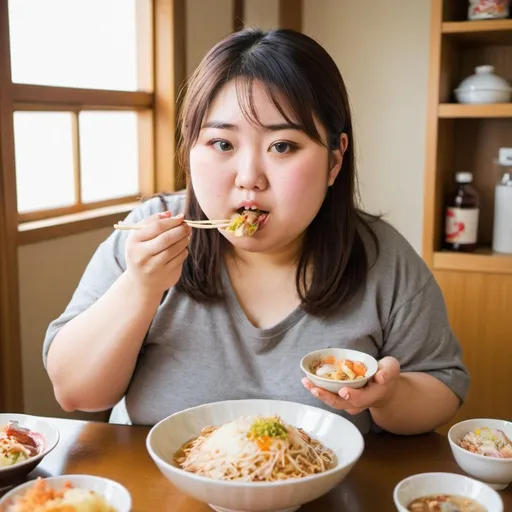 Prompt: Fat young japanese girl, eating lots of food