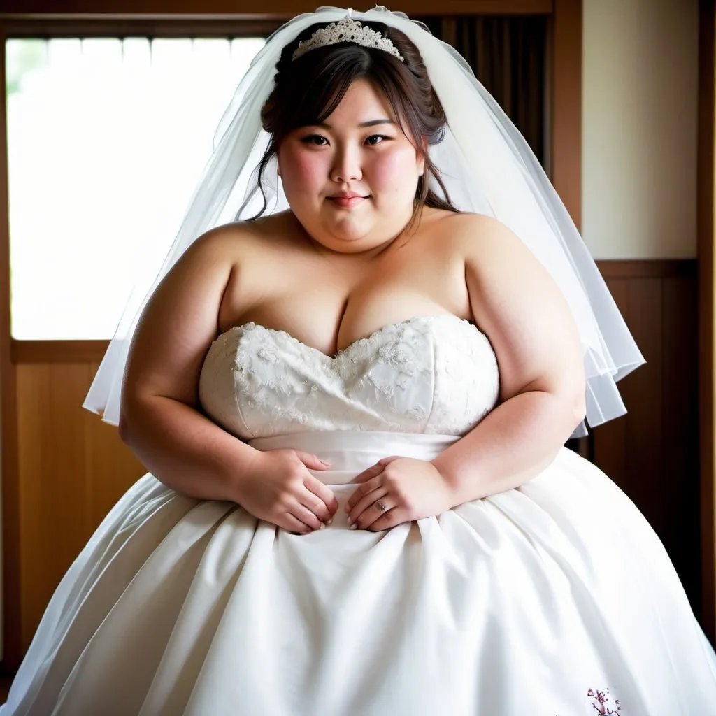 Prompt: An extremely obese cute japanese girl, belly visible, extremely large belly, 800lb, happy, ripped clothes, the bride at her wedding, tiny wedding dress