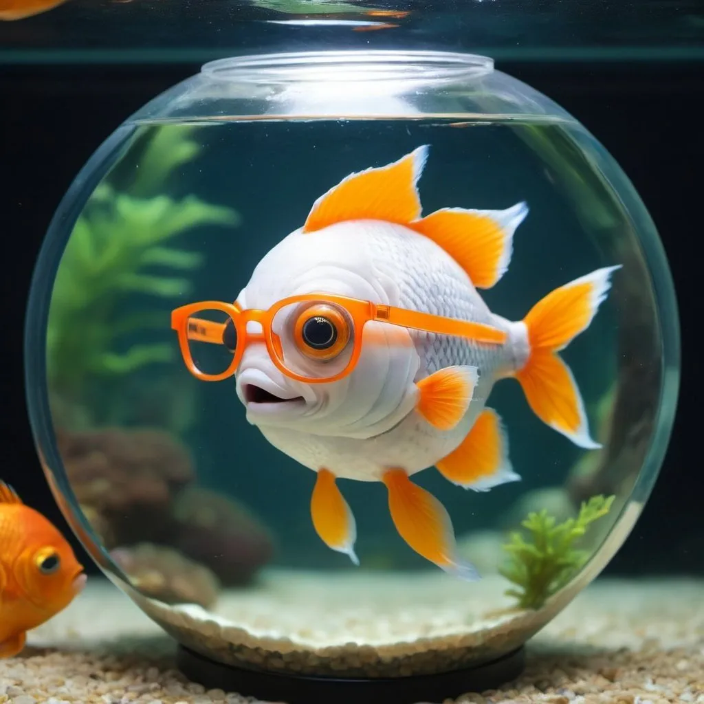 a funny fish with orange glasses in a round aquarium