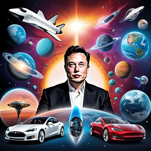 Prompt: (vibrant collage of passions), featuring Elon Musk's interests, (futuristic technology), (electric cars), (space exploration), (innovative startups), inspiring (spaceships orbiting planets), along with (cutting-edge gadgets), (dynamic energetic atmosphere), bright and imaginative color spectrum, showcasing elements representing (AI advancement, sustainability) against a (dreamy cosmic background), ultra-detailed, high quality.