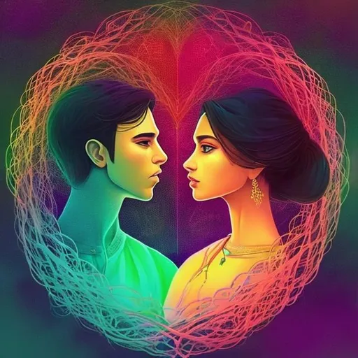 Prompt: Create a couple facing opposite sides entangled by threads of love. I want it to have a digital art effect. Try to style the girl in a salwar and the guy in normal casuals. I want a space in the top because that is where the title is appearing. Use minimal colours and make it aesthetic.